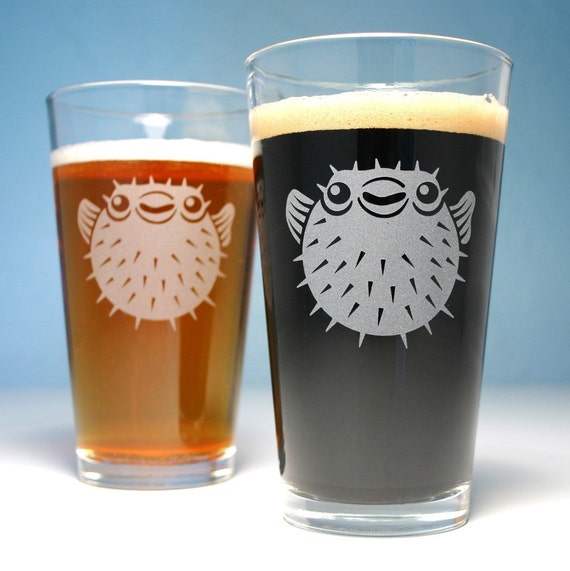 2 Puffer Fish Etched Pint Glasses nautical beer gift by BreadandBadger Etsy