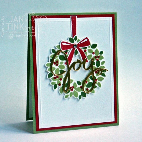 Items similar to Joy Merry Christmas Wreath Greeting Card Handmade in ...