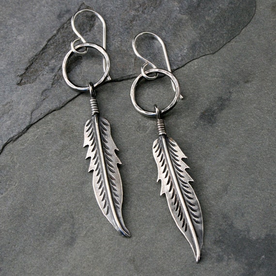 Feather Hoops Solid Sterling Silver Earrings Long by KiraFerrer