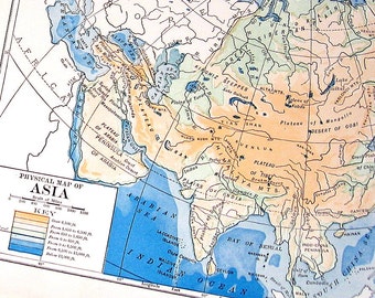 Small Antique Map - Physical Map of Asia - 1912 Antique Map - Vintage Book Page - 9 x 7