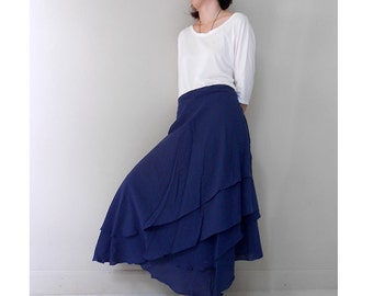 Navy Blue Cotton Knee 2 Layers Circle Wrap Skirt (H)