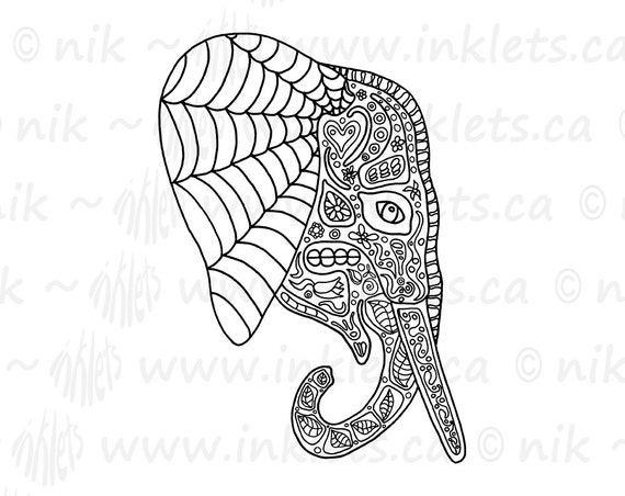 Elephant DIY Printable Coloring Page - Day of the Dead - Instant Digital Download JPG - Inklets Illustration - Elephant Digi Stamp