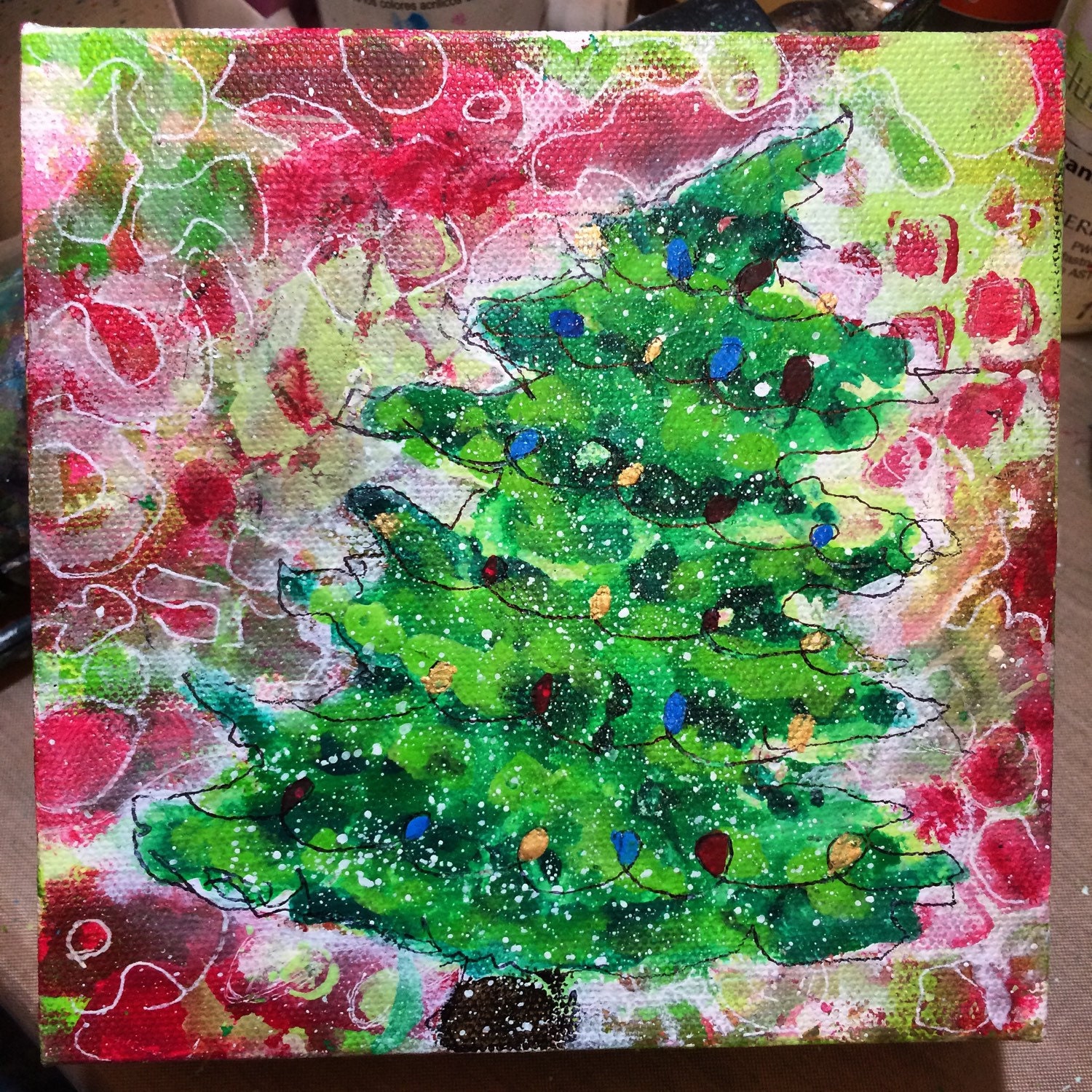 Whimsical Christmas tree painting original art by ArtFartz on Etsy