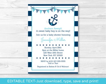 Nautical Anchor Baby Shower Invitation / Nautical Baby Shower Invitation / Editable PDF INSTANT DOWNLOAD