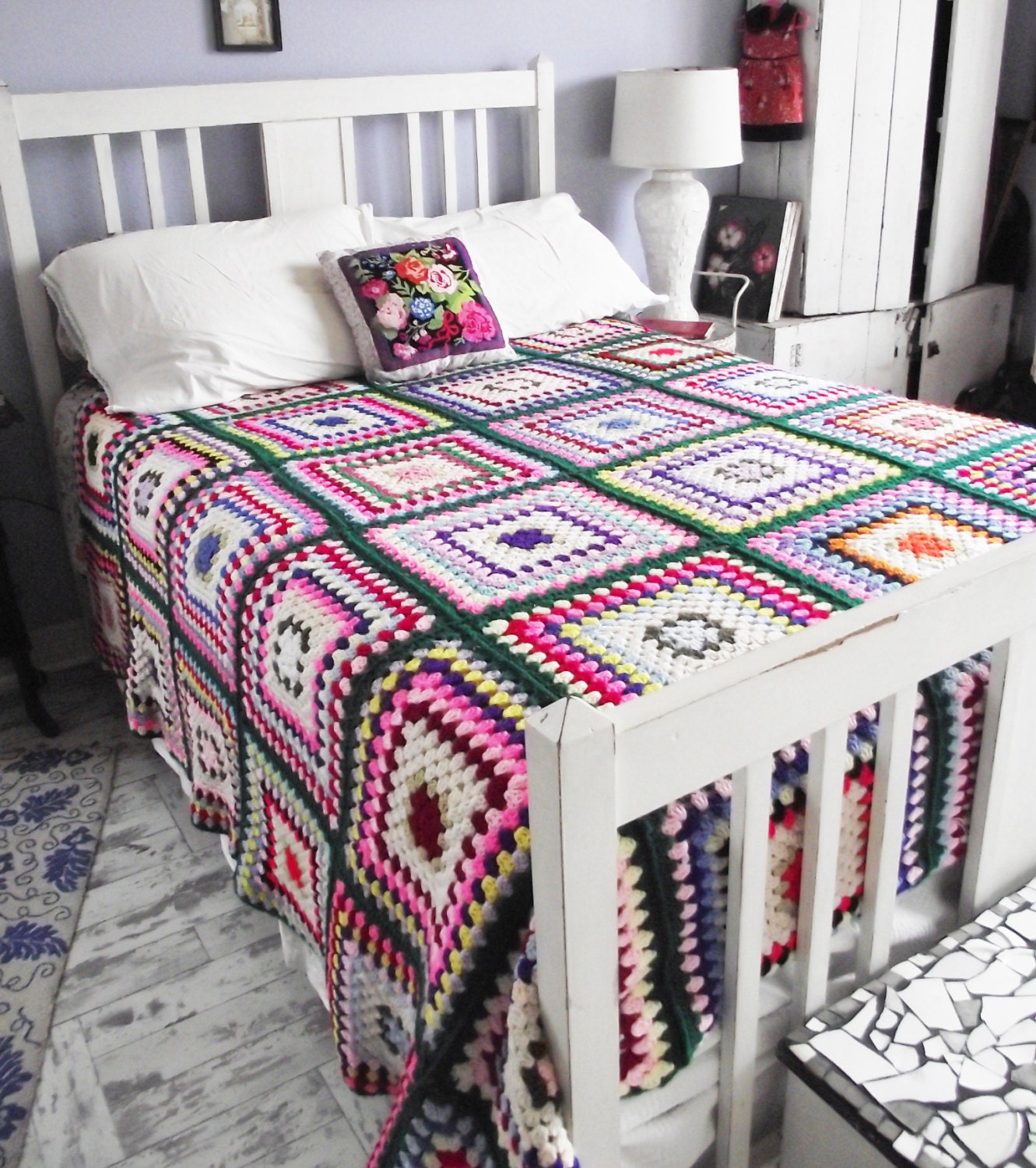 Vintage Crochet Granny Square Afghan Blanket Bedspread
