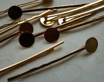 New Item --12 pieces of Gold Plated Bobby Pins with 10 mm Round Pad -- 60mm