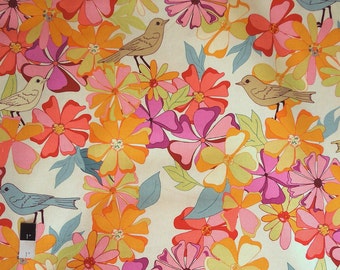 Valori Wells LVW04 Jenaveve  Floral Birds Garden Fresh LINEN Blend Fabric 1 Yd