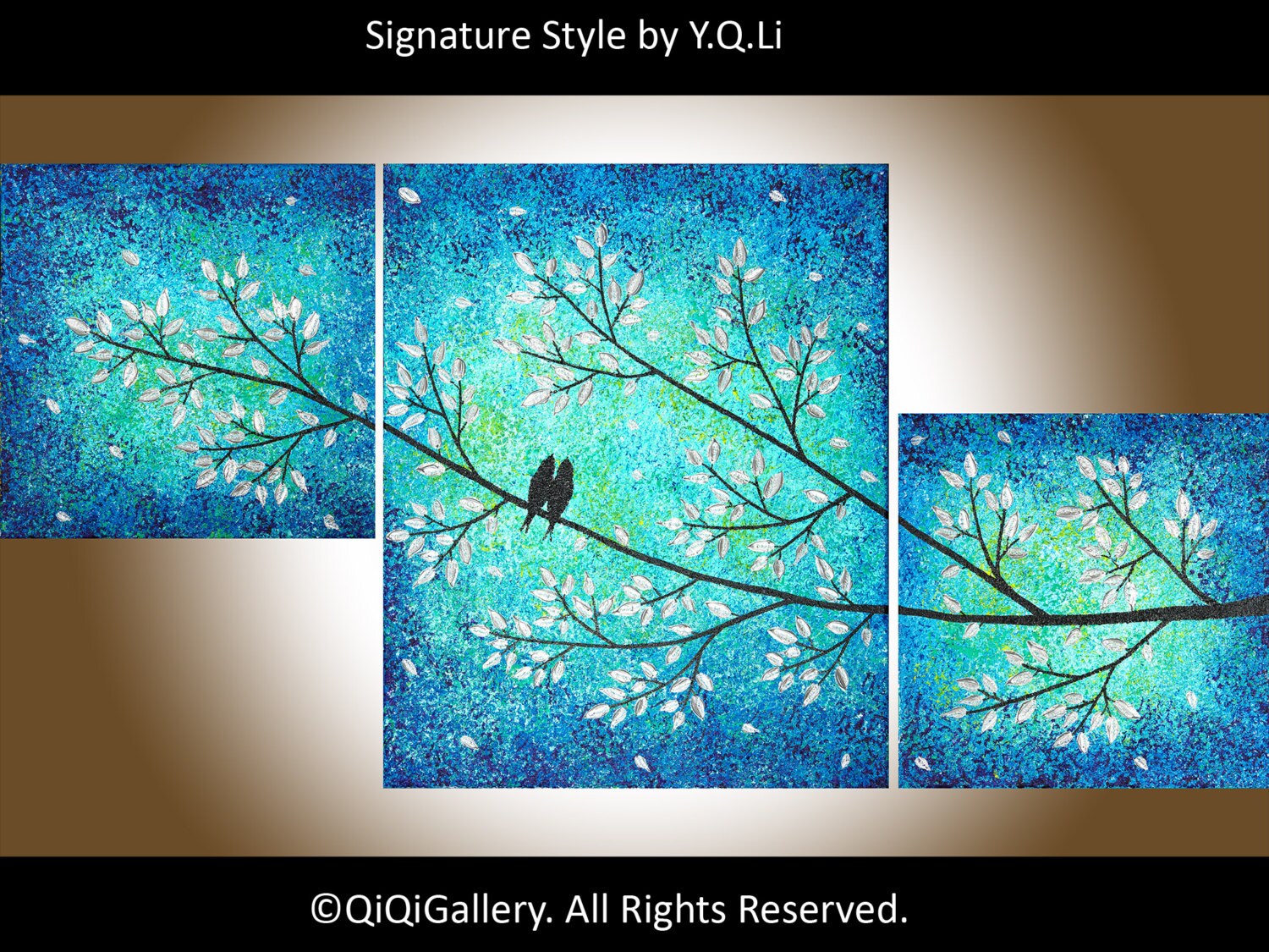 bird art love birds on tree branch wall decor home by QiQiGallery