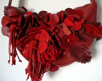 Handmade Bouquet Crescent Bag in Red leather and suede