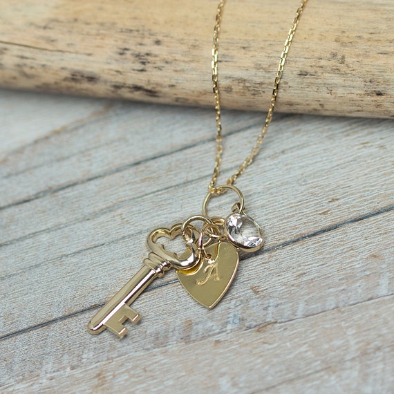Solid Gold Heart and Key Personalized Necklace