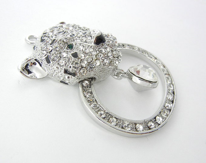 Rhinestone Leopard or Jaguar Pendant with Ring Silver-tone