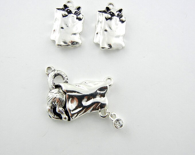 Set of Silver-tone Cat in a Bag Pendant and Charms