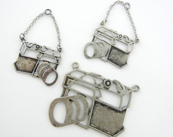 Set of Antique Silver-tone Cut-out Camera Pendant and Charms on Chain