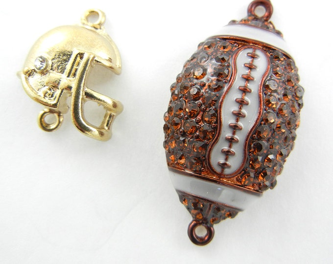 2 Double Link Football Themed Charms Gold-tone Brown Rhinestones