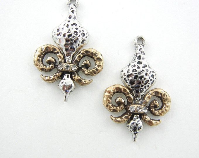 Pair of Two-toned Hammered Fleur de Lis Charms Row of Rhinestone Accent