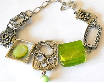 Statement bracelet, lime green bracelet, spring jewelry, boho bracelet, gift for her, silver link jewelry, funky jewelry, asymmetric jewelry