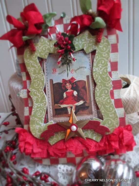 cottage christmas plaque-LITTLE GIRL under MISTLETOE christmas stitched handmade sign