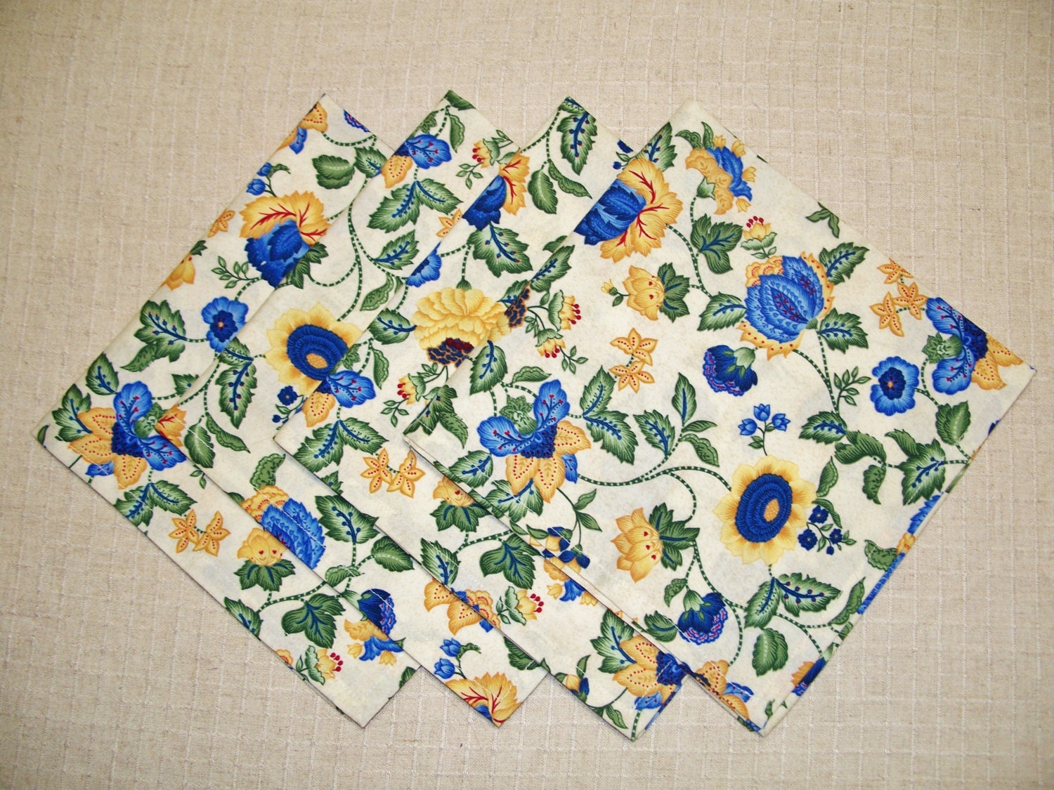 Blue & Yellow Floral Cotton Cloth Dinner Napkins by Bonbonsandmore