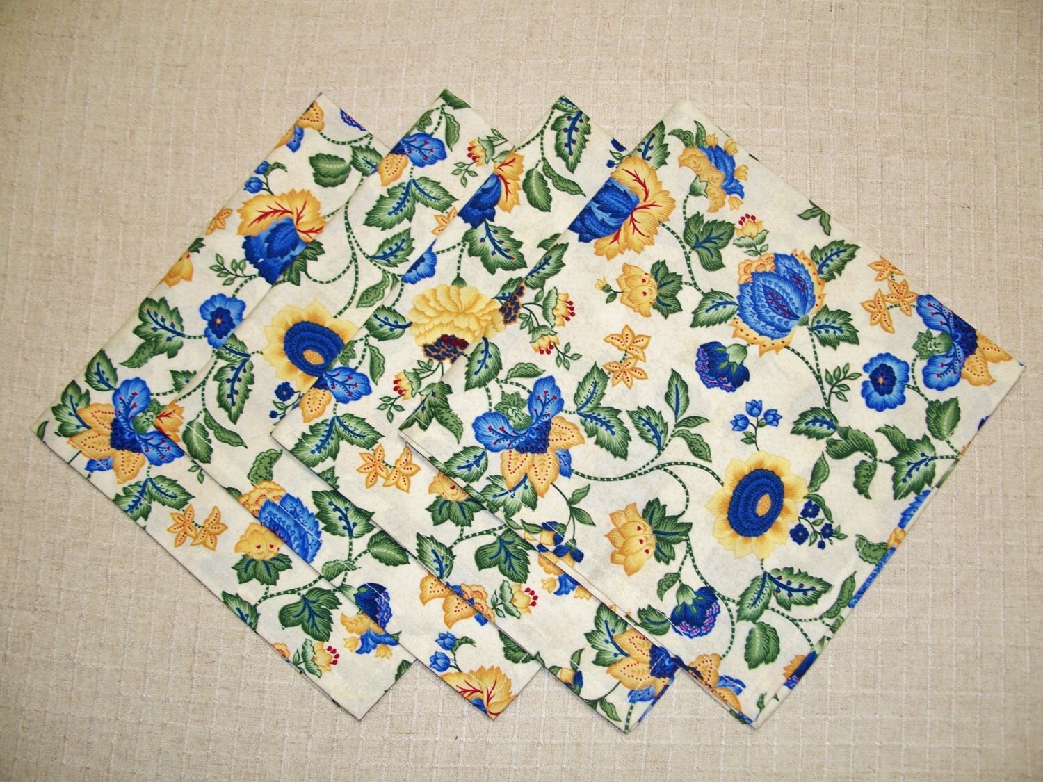 Blue & Yellow Floral Cotton Cloth Dinner Napkins by Bonbonsandmore