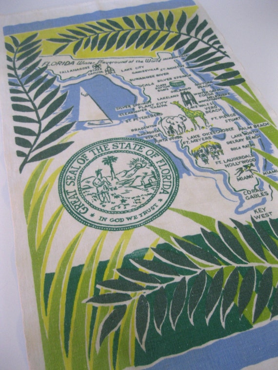 Florida tea towel linen blue and green dish towel souvenir palm fronds and map 1960s