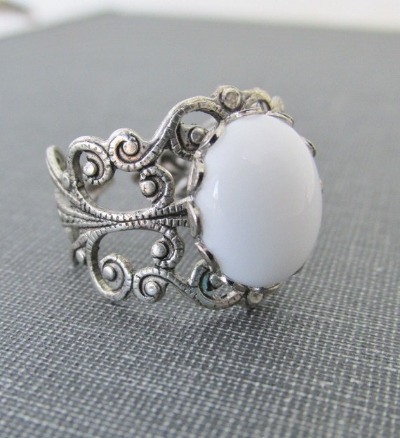 Items similar to White Milk Glass Stone Ring, Silver Filigree ...