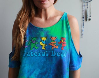 Grateful Dead Dancing Bears Tie Dye Eco Friendly Cut Out open Off The Shoulder Peep Shoulder Upcycled Tshirt/Tee/Top/Shirt Womens One Size