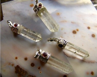 Quartz crystal necklace pendant with Garnet cabochon gemstone - clear polished stone point - silver cap focal bead chain or cord red stone