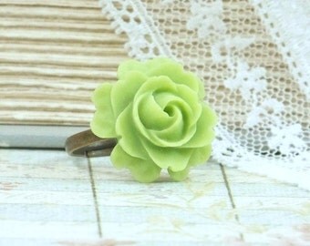 Lime Green Ring Green Rose Ring Fashion Ring Green Flower Jewelry Rose Cabochon Ring Green Flower Ring
