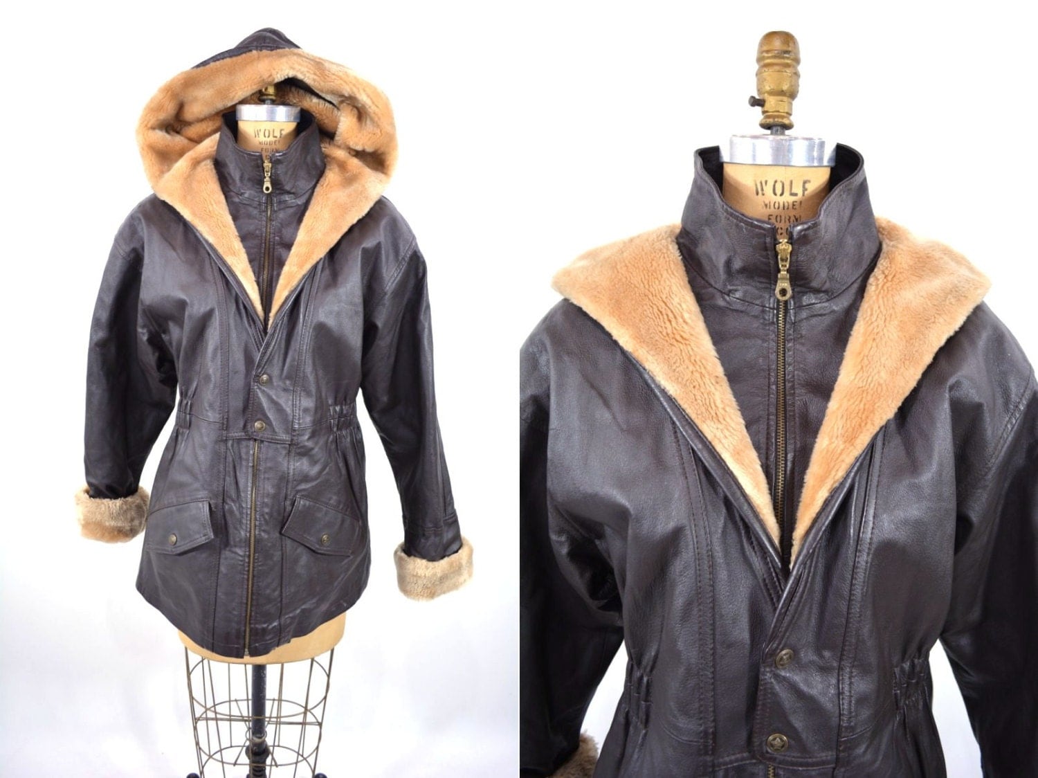 1970s leather jacket brown leather fur collar hooded jacket