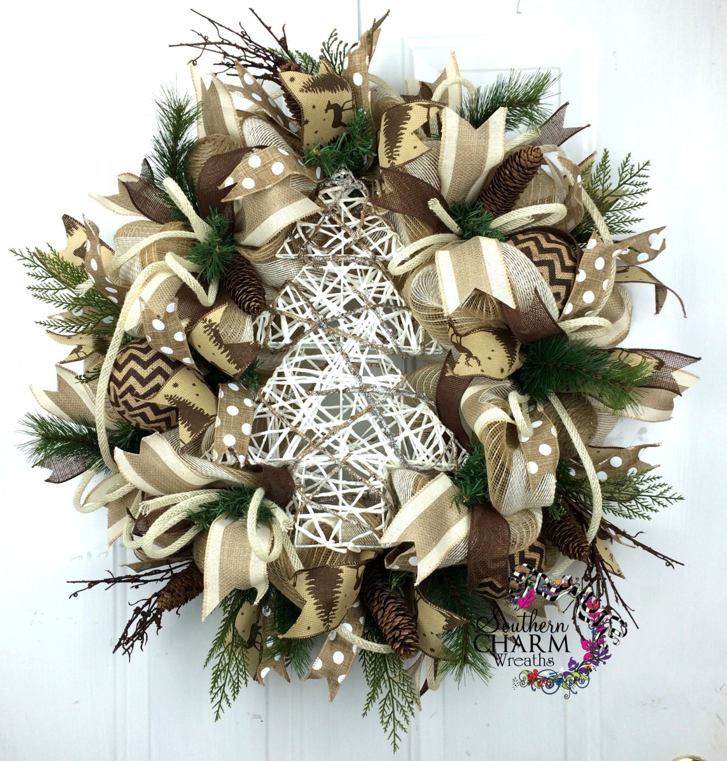 rustic christmas wreath in cream brown white with white rustic christmas wreath in cream brown white with white
