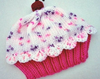Cupcake Hat preemie newborn toddler sizes Raspberry Watermelon Cake with Cotton Candy Sprinkle Frosting Handmade Hand Knit