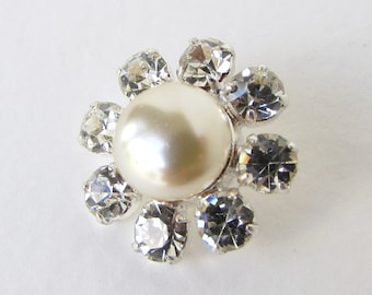 Vintage Glass Rhinestone Buttons Pearl Flower Silver Shank Czech 20mm but0271 (1)