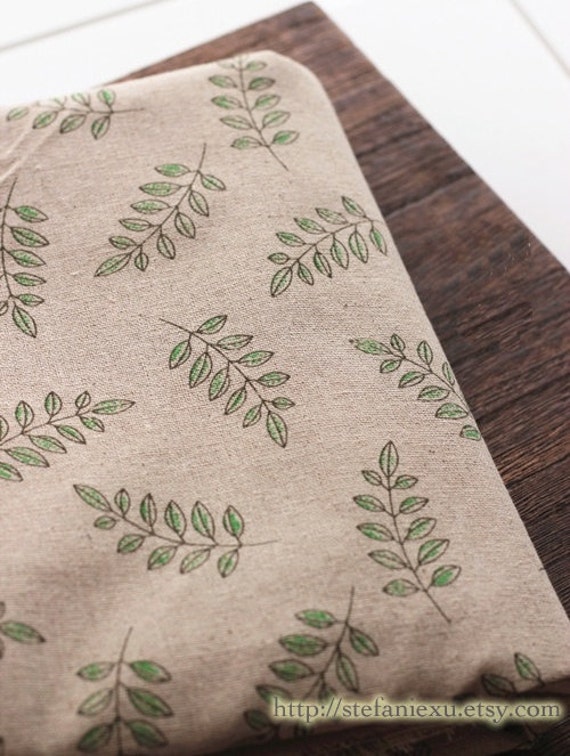 Natural Raw Linen FabricChic Pale Green Leaves 1/2 by stefaniexu