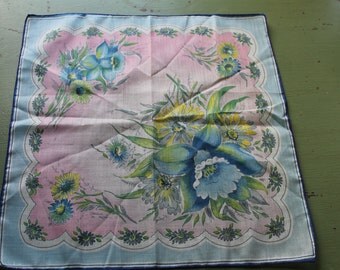 Vintage Blue & Pink Floral Print Handkerchief