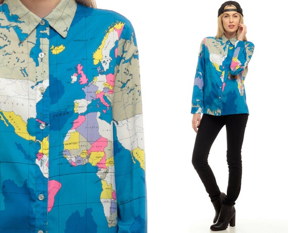 Map Of The World Shirt World MAP Shirt 80s USSR Button Up Shirt Grunge Travel Blouse Bright Vintage Hipster Atlas Long