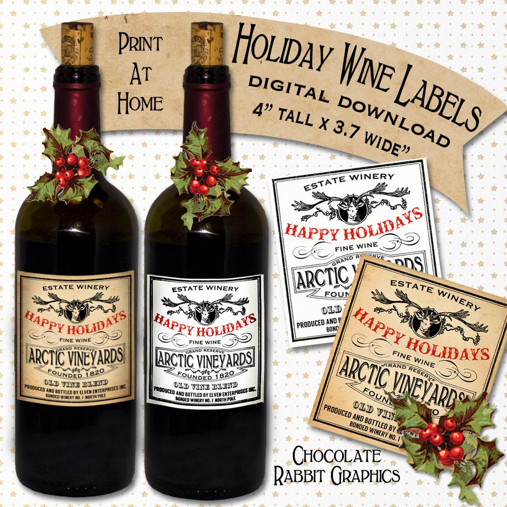 Holiday Wine Bottle Labels DIY Printable Digital Download
