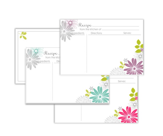 Flowers Recipe Cards 4X6 editable text fields 3 colors no.