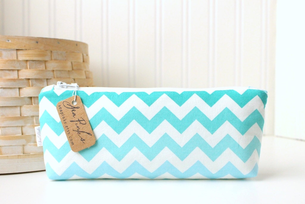 Turquoise Aqua Blue Chevron ZigZag Cute Pencil Case Long