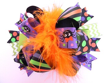 Halloween Hair Bows - Purple spider hair bow-Pumpkin hair bow-Over the top