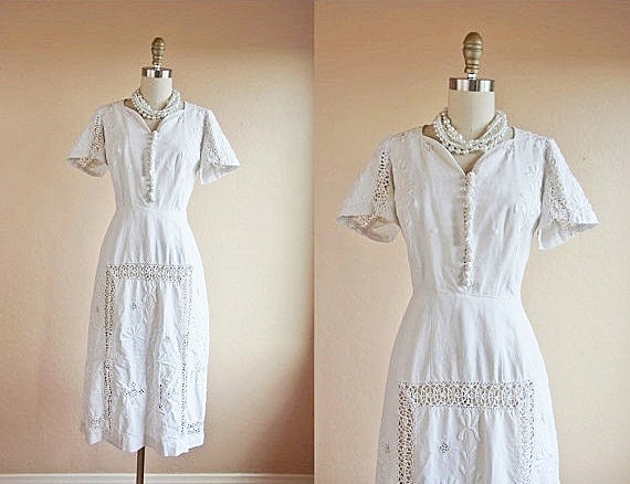 1940s Dress Vintage 30s 40s White Linen Needlework by jumblelaya