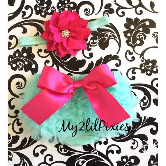 Mint and HOT Pink Baby Girl Bloomer and Headband Set Ruffle