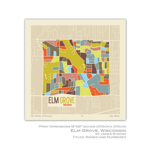 Elm Grove Wisconsin 12 x 12 Art Map by jsteeno on Etsy