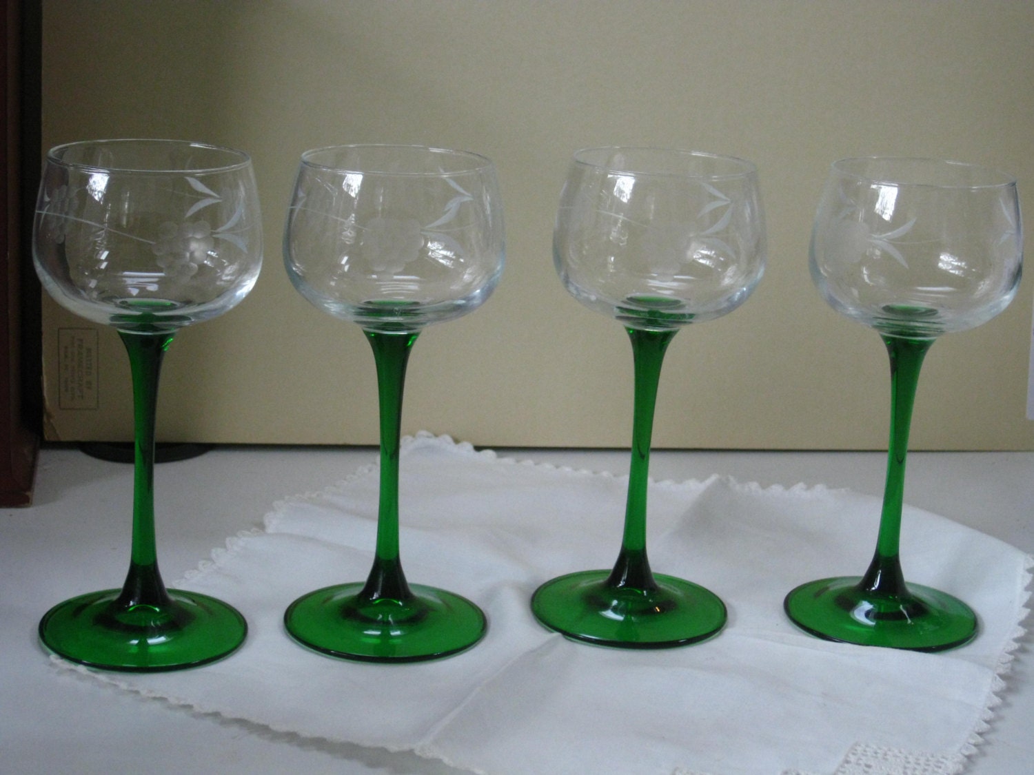 RESERVED Set of 8 Vintage Green Stem Glasses Etched Grapes