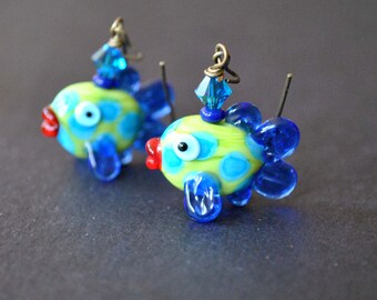 Tropical Fish Earrings, Lampwork Glass Earrings, Green Earrings, Whimsical Earrings
