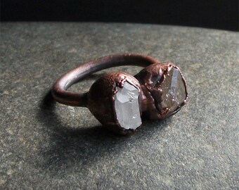 Raw Crystal Tibetan Quartz Ring Dual Gemstone Cocktail Ring Size 6 Artisan Clear Minimal Gemstone Jewelry Handmade For Her