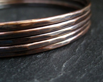 Bronze bangles, skinny stacking bangles, hammered bracelets, antique bronze, metalwork jewelry for women, bronze wedding anniversary gift