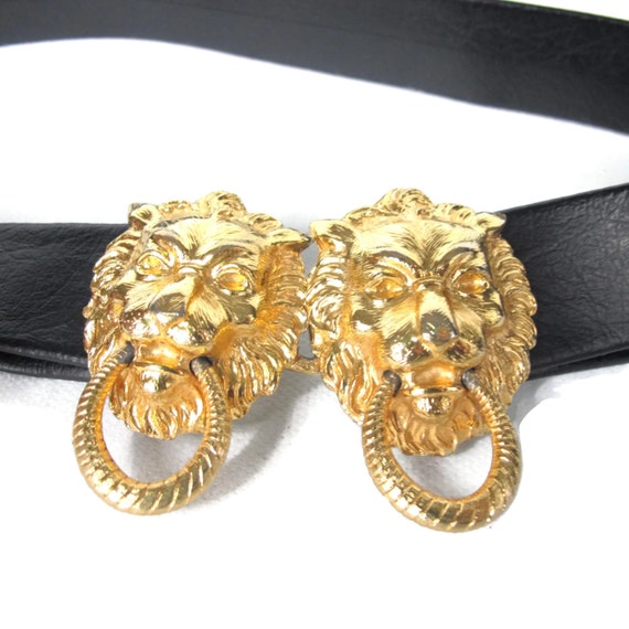 Vintage Gold Lion Head Belt Black Leather Metal by honeymoonmuse