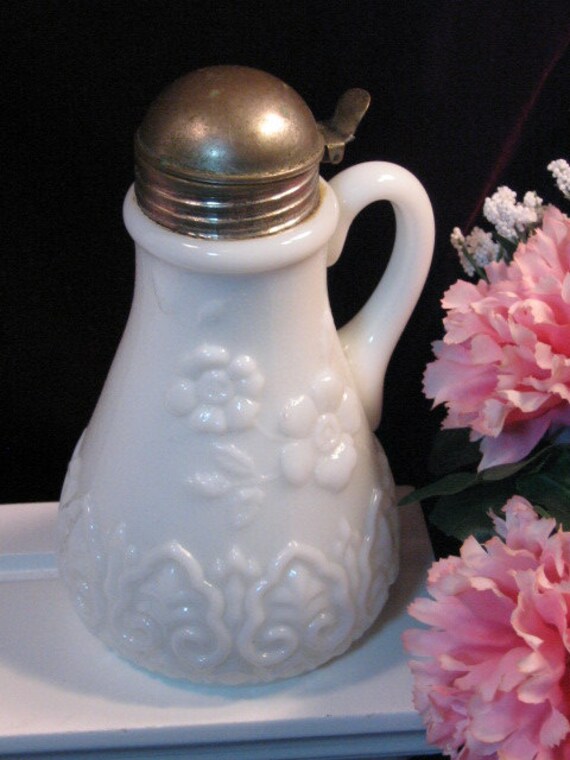 Victorian Milk Glass Syrup Pitcher Floral Flowers and Scroll
