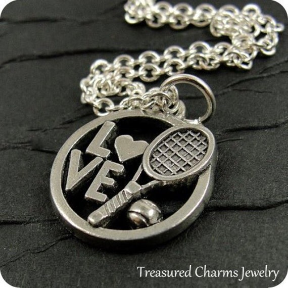 Love Tennis Necklace Silver Tennis Charm on a by treasuredcharms