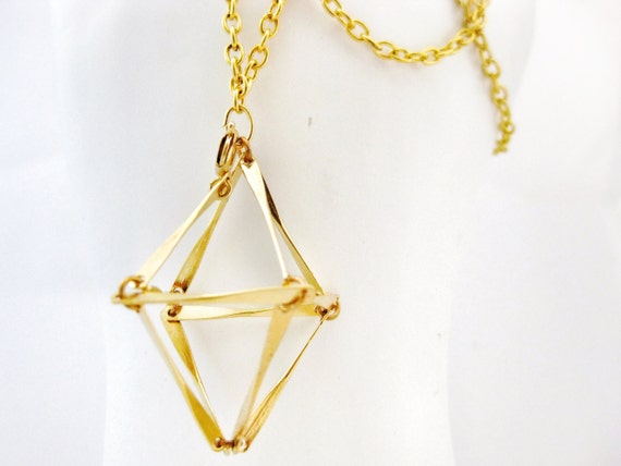 Gold Geometric Diamond Cage Necklace Abstract Prism Triangle
